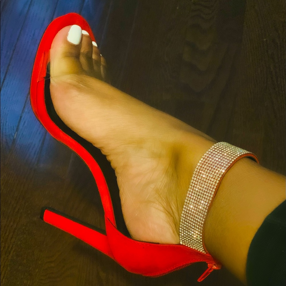 Red rhinestone strap heels